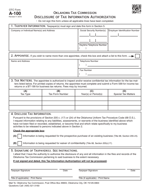 OTC Form A-100 Disclosure of Tax Information Authorization - Oklahoma