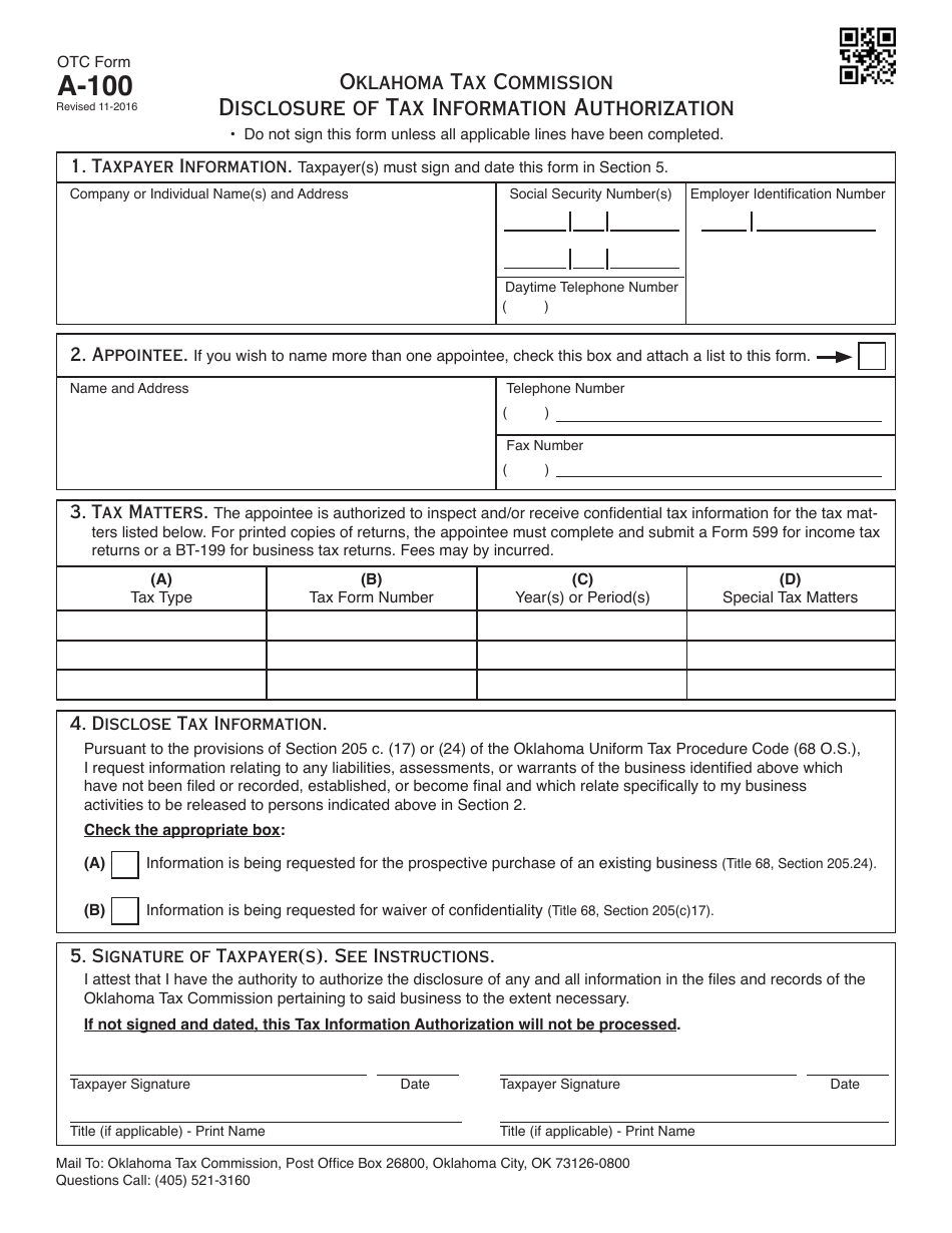 OTC Form A-100 Disclosure of Tax Information Authorization - Oklahoma, Page 1