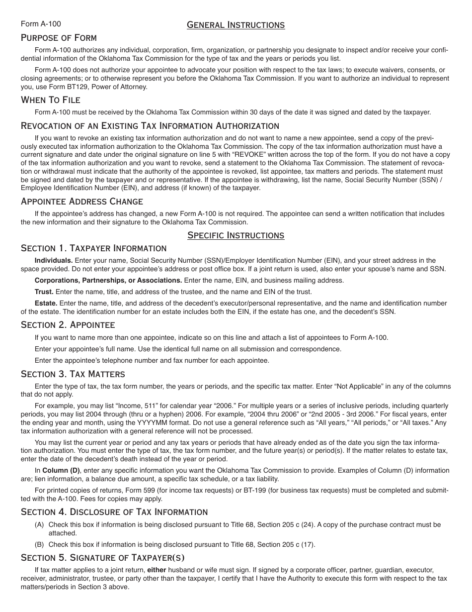 OTC Form A-100 Disclosure of Tax Information Authorization - Oklahoma, Page 2