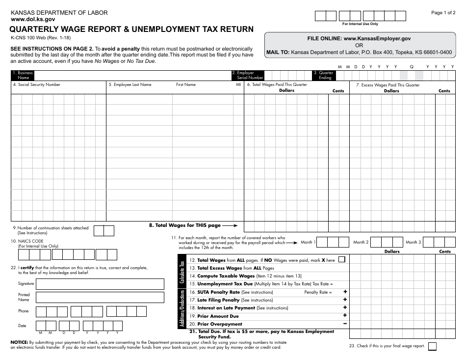 Form K-CNS100 Quarterly Wage Report  Unemployment Tax Return - Kansas, Page 1