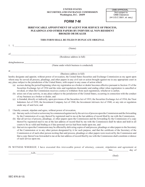 SEC Form 876 (7-M)  Printable Pdf