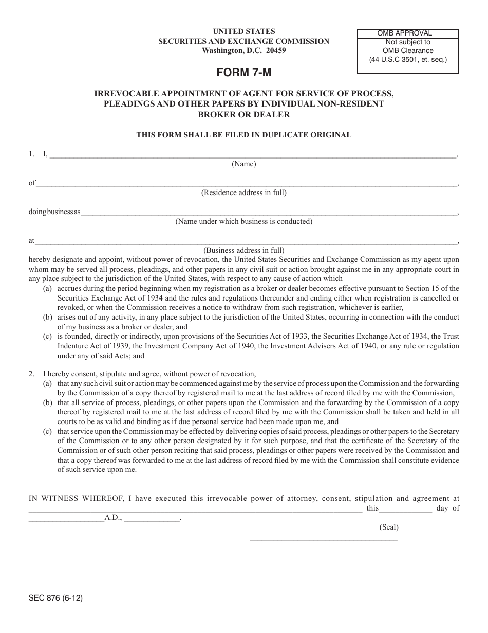 SEC Form 876 (7-M) Irrevocable Appointment of Agent for Service of Process, Pleadings and Other Papers by Individual Non-resident Broker or Dealer, Page 1