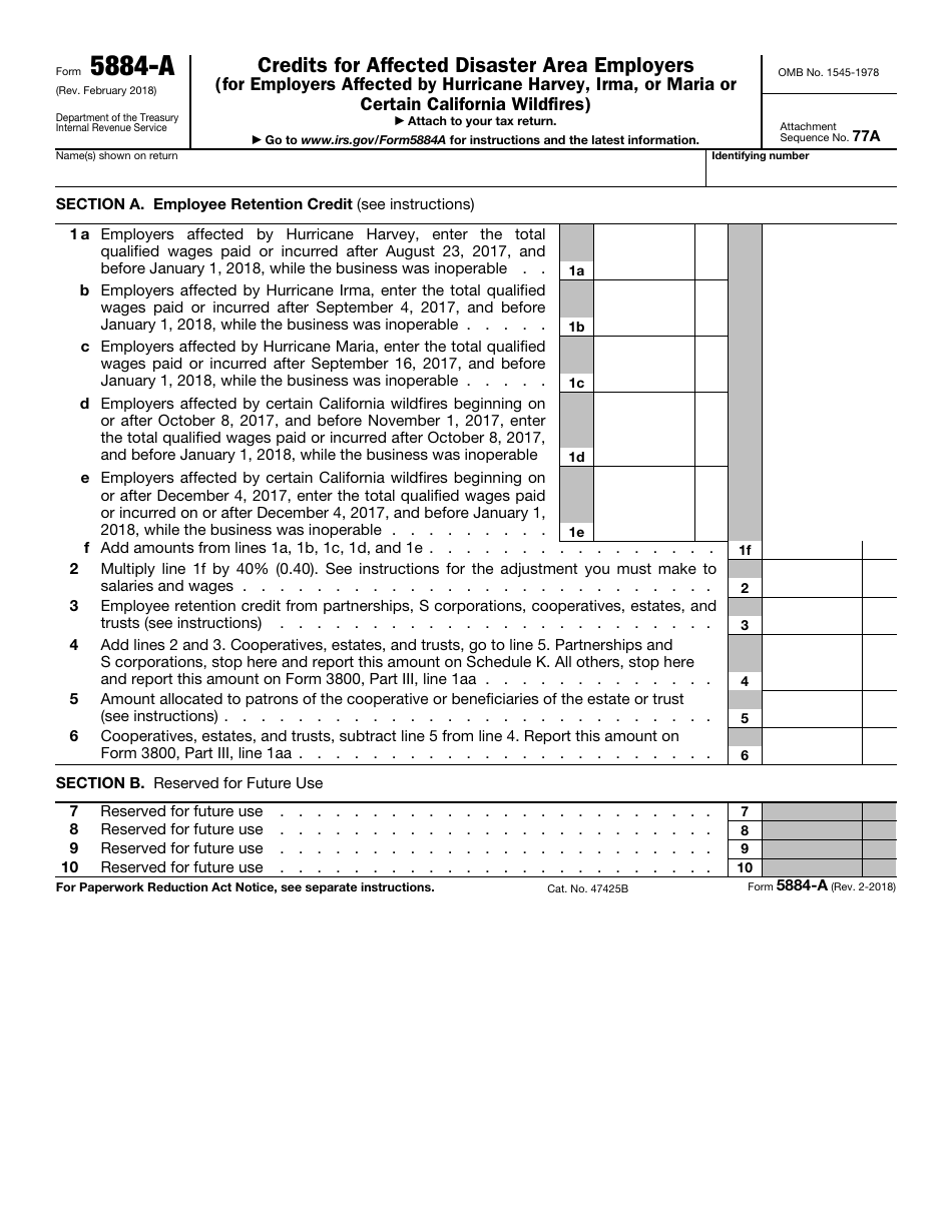 IRS Form 5884-A Credits for Affected Disaster Area Employers (For Employers Affected by Hurricane Harvey, Irma, or Maria or Certain California Wildfires), Page 1