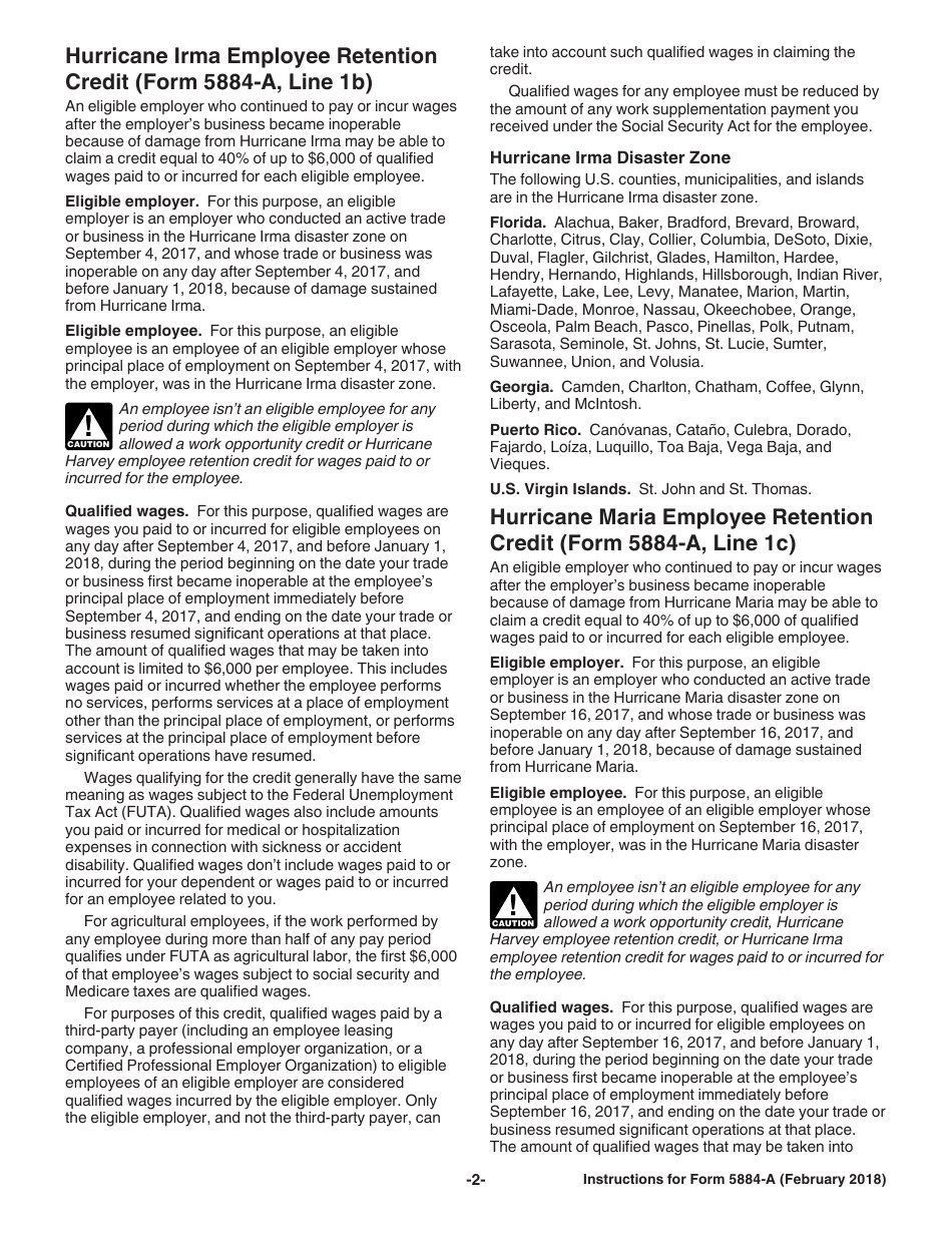Instructions for IRS Form 5884-A Credits for Affected Disaster Area Employers (For Employers Affected by Hurricane Harvey, Irma, or Maria or Certain California Wildfires), Page 2