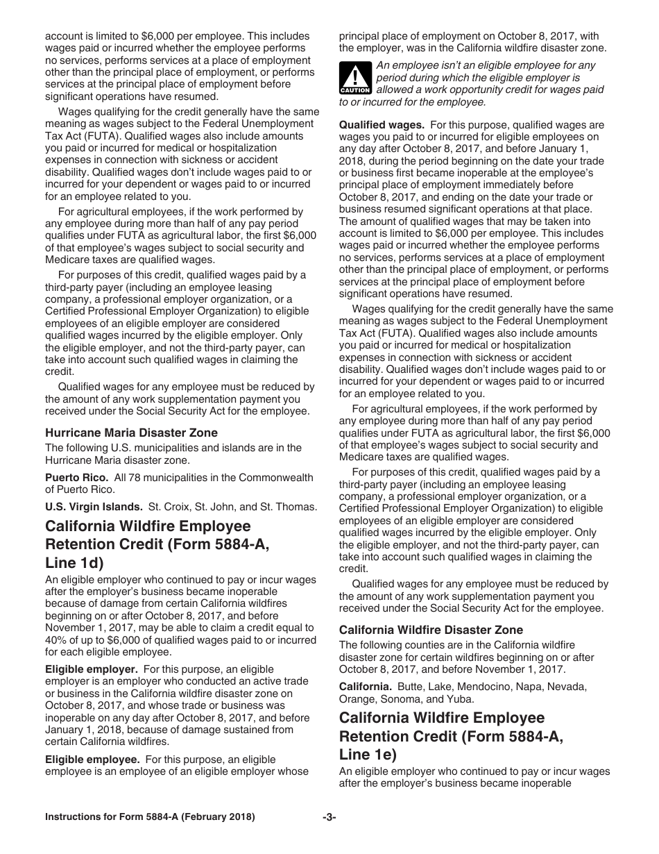Instructions for IRS Form 5884-A Credits for Affected Disaster Area Employers (For Employers Affected by Hurricane Harvey, Irma, or Maria or Certain California Wildfires), Page 3