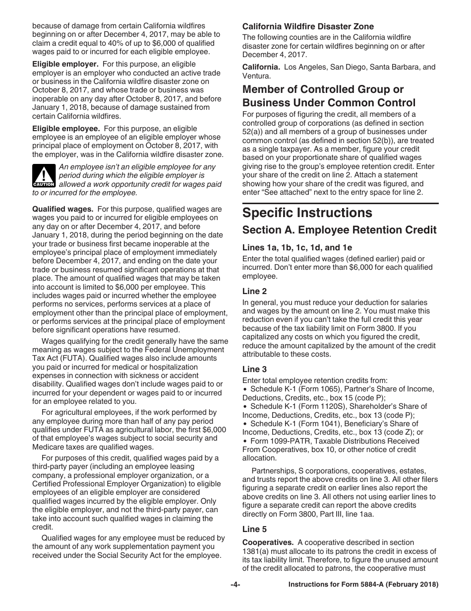 Instructions for IRS Form 5884-A Credits for Affected Disaster Area Employers (For Employers Affected by Hurricane Harvey, Irma, or Maria or Certain California Wildfires), Page 4