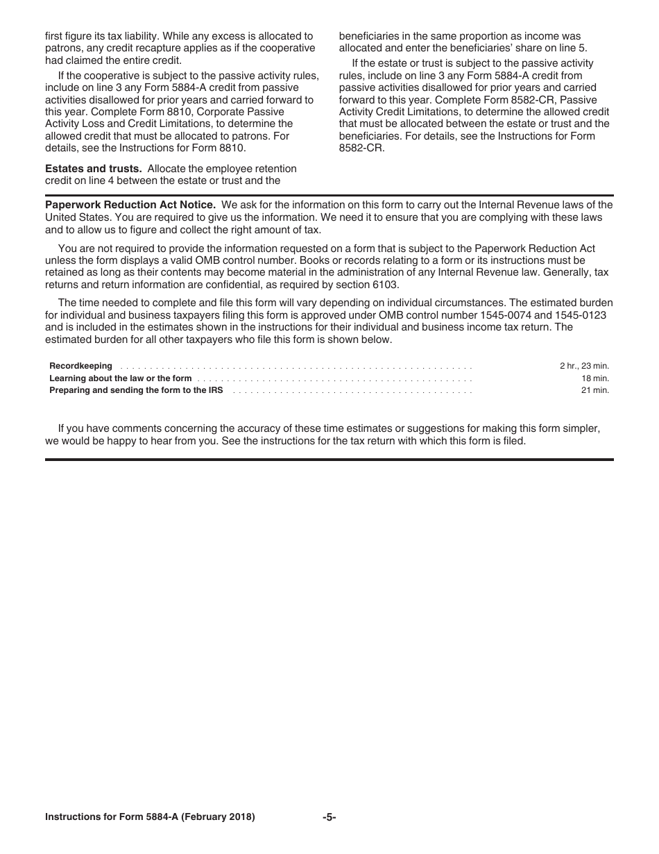 Instructions for IRS Form 5884-A Credits for Affected Disaster Area Employers (For Employers Affected by Hurricane Harvey, Irma, or Maria or Certain California Wildfires), Page 5