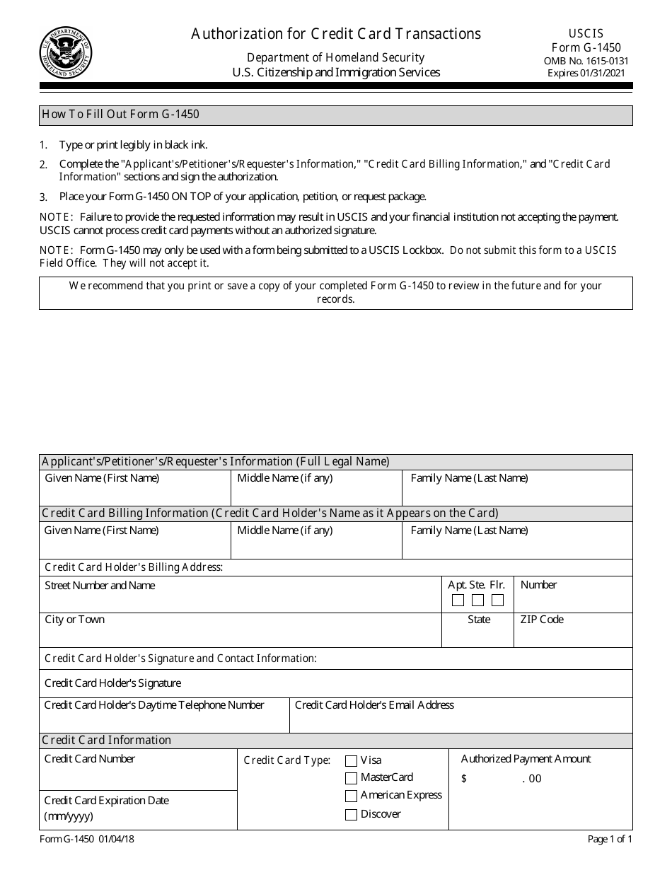 USCIS Form G-1450 Authorization for Credit Card Transactions, Page 1