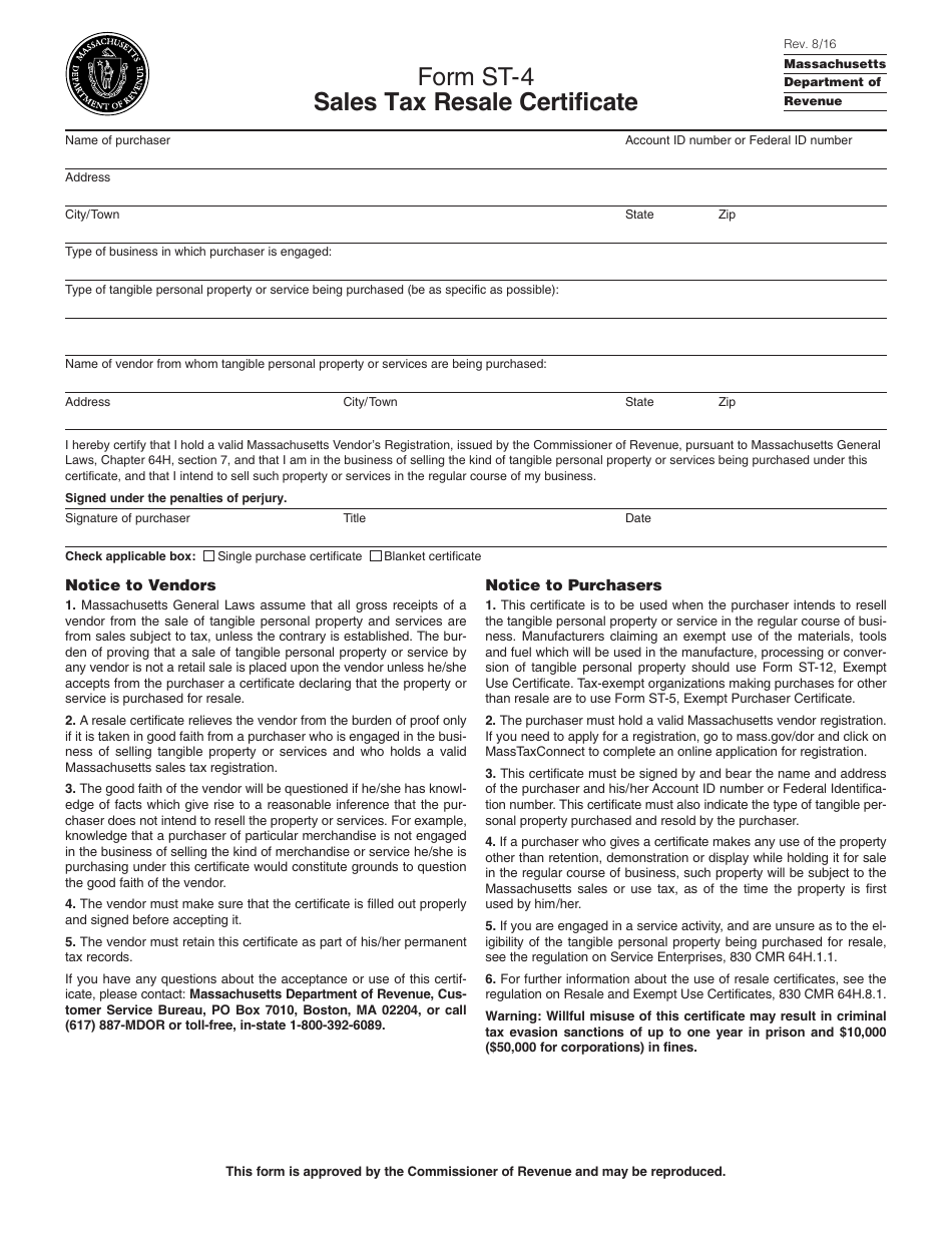 Form ST-4 Sales Tax Resale Certificate - Massachusetts, Page 1