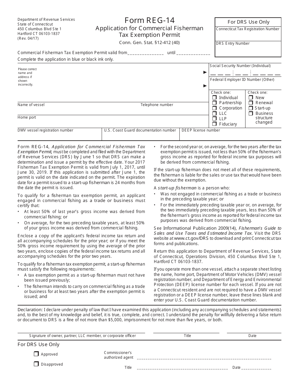 Form REG-14 Application for Commercial Fisherman Tax Exemption Permit - Connecticut, Page 1