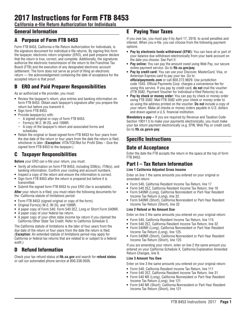 Instructions for Form FTB8453 California E-File Return Authorization for Individuals - California, Page 1