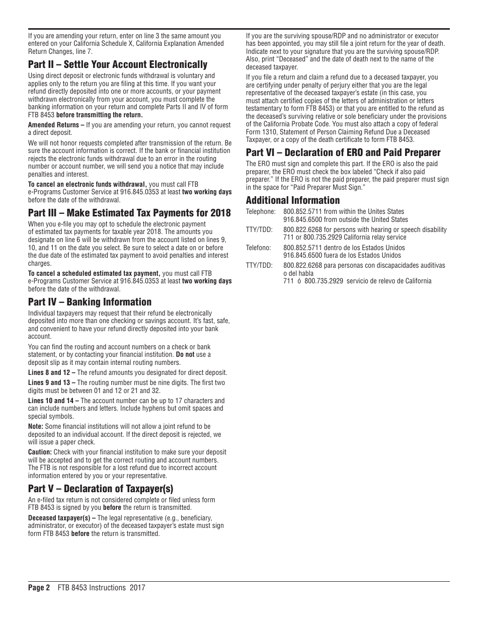 Instructions for Form FTB8453 California E-File Return Authorization for Individuals - California, Page 2