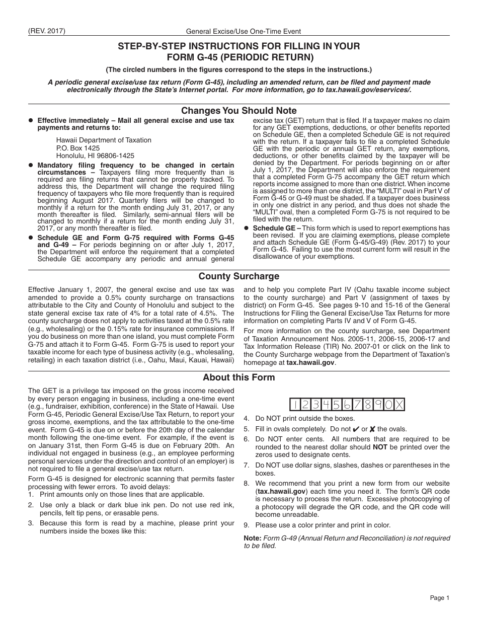 Instructions for Form G-45 General Excise / Use Tax Return - Hawaii, Page 1