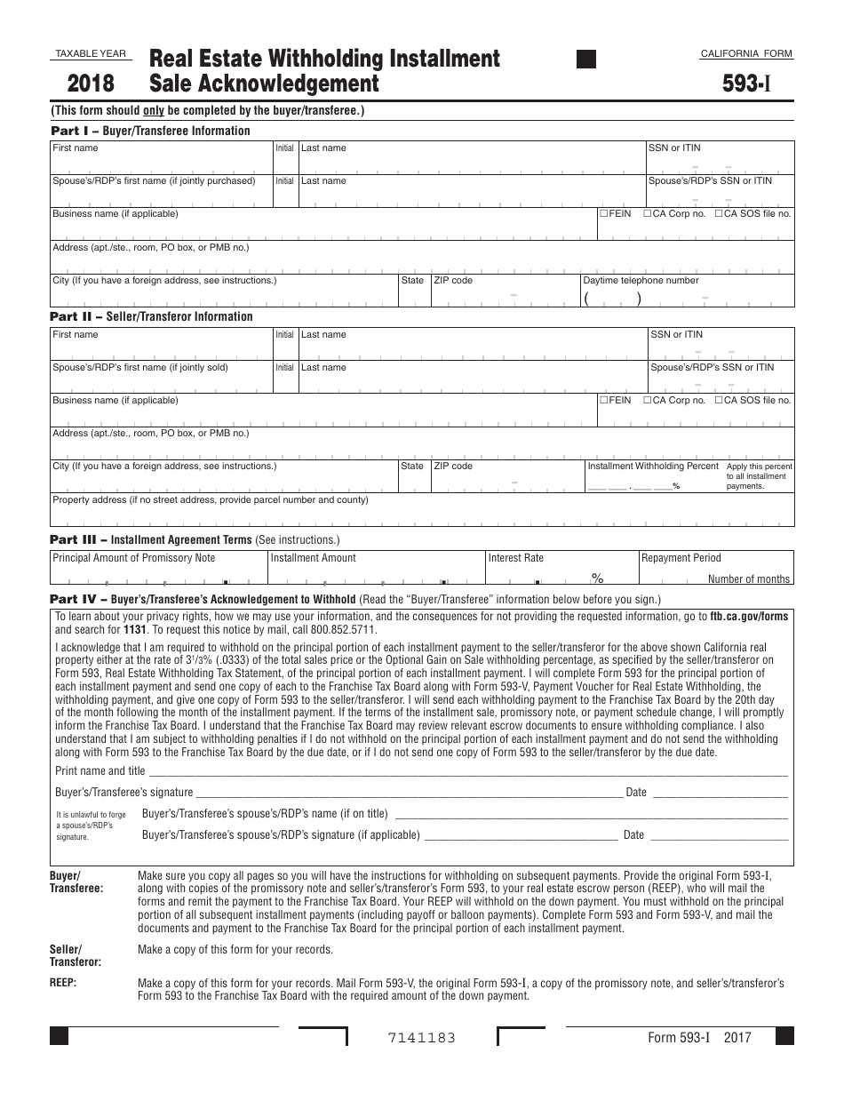 Form 593-I Real Estate Withholding Installment Sale Acknowledgement - California, Page 1