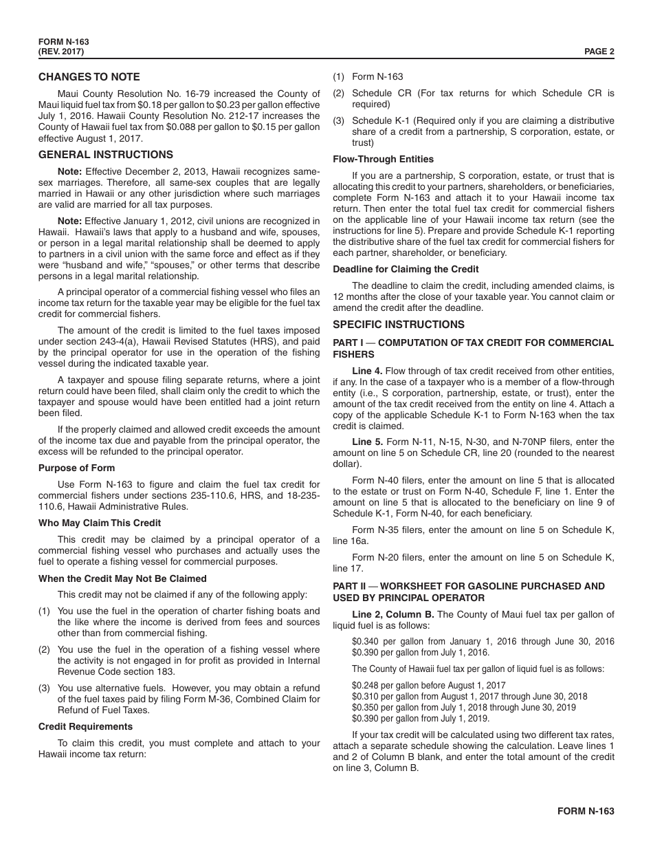 Form N-163 Fuel Tax Credit for Commercial Fishers - Hawaii, Page 2