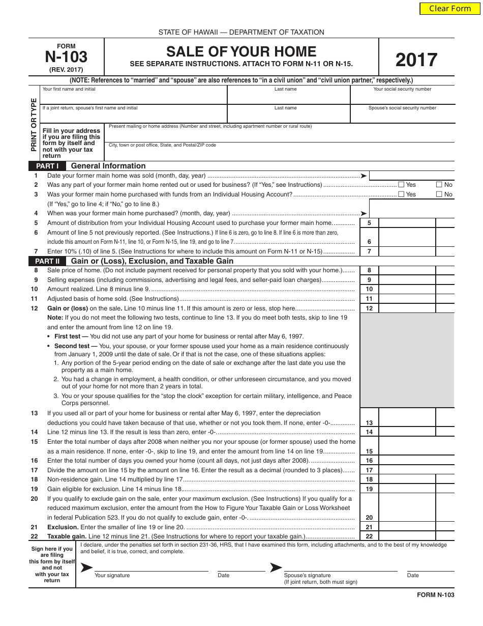Form N-103 Sale of Your Home - Hawaii, Page 1