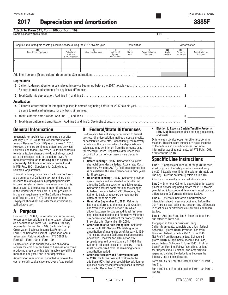 Form FTB3885F - 2017 - Fill Out, Sign Online and Download Printable PDF ...