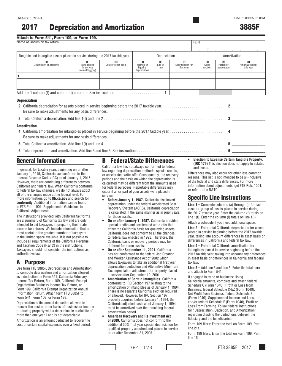 Form FTB3885F Depreciation and Amortization - California, Page 1