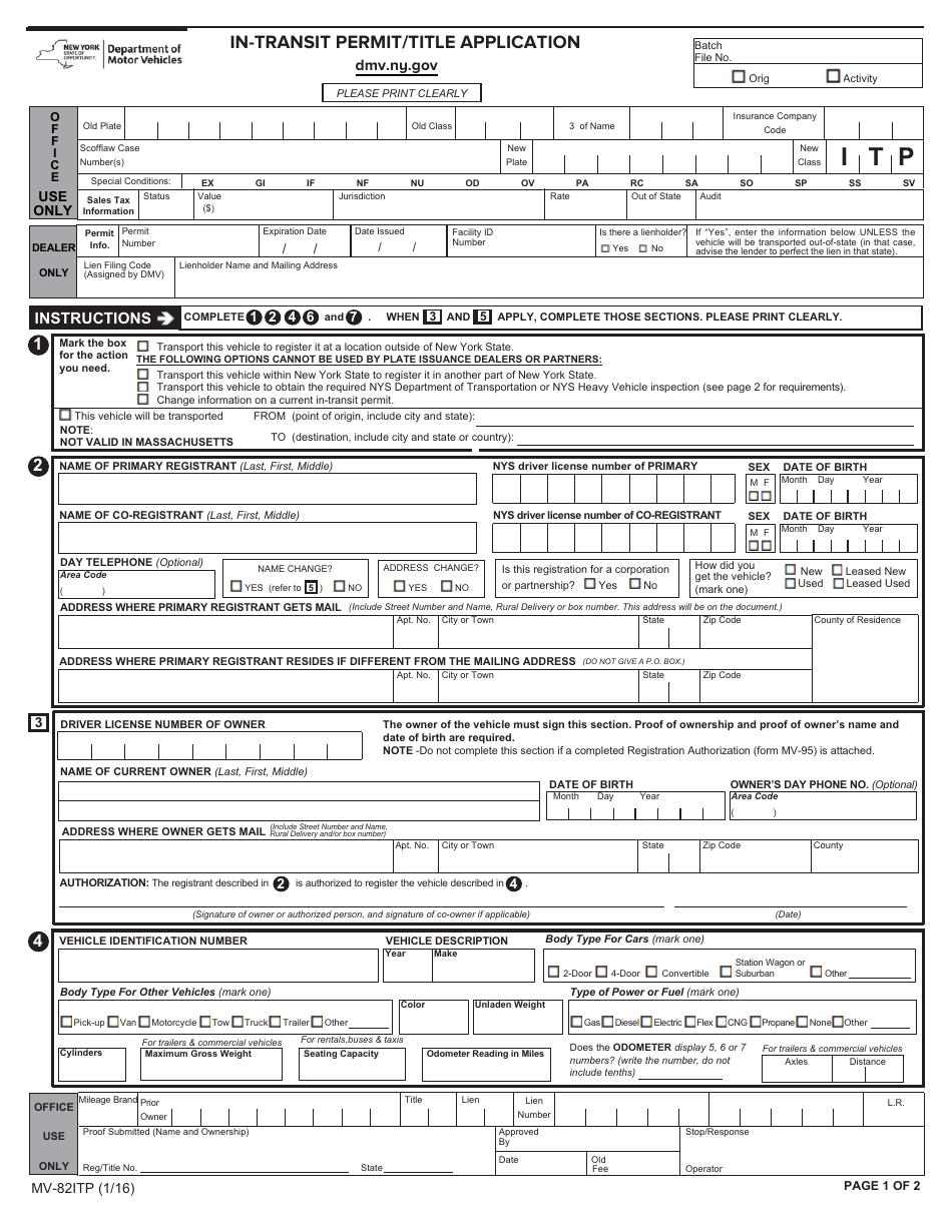 Form MV-82ITP In-transit Permit / Title Application - New York, Page 1