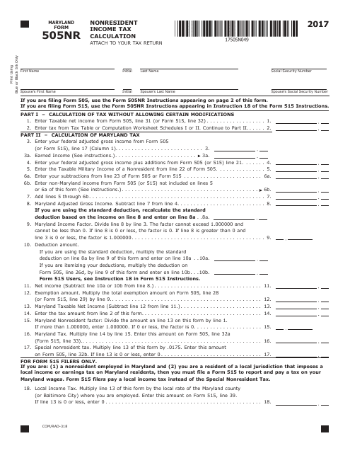 Maryland Form 505NR (COM/RAD-318) 2017 Printable Pdf