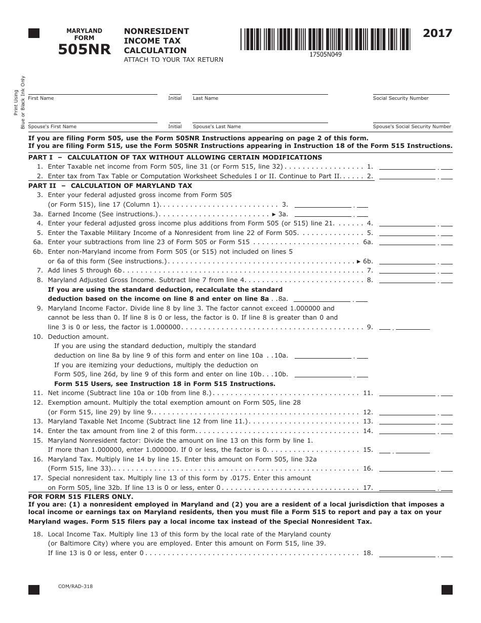 Maryland Form 505NR (COM / RAD-318) Nonresident Income Tax Calculation - Maryland, Page 1