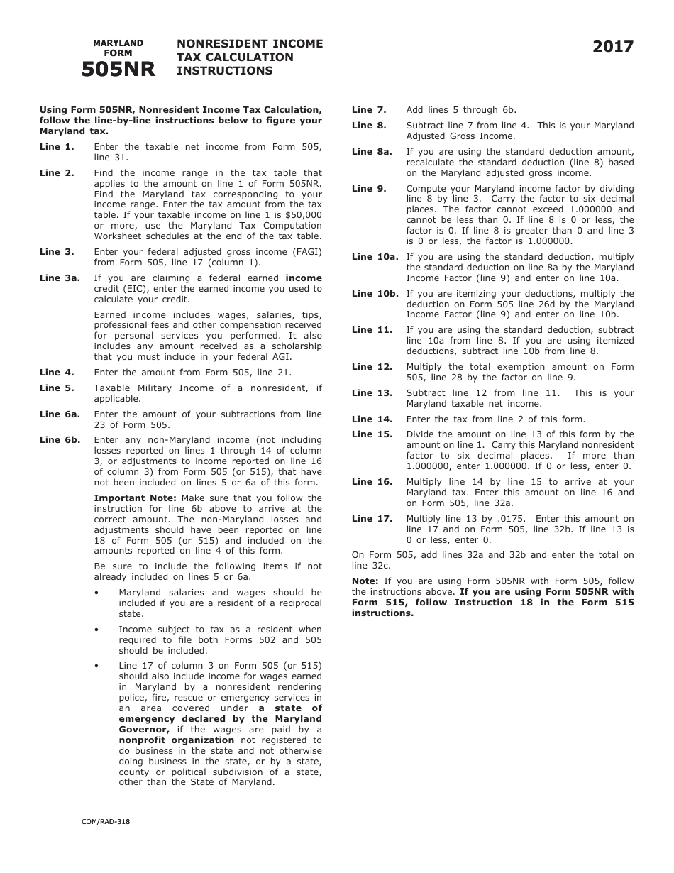 Maryland Form 505NR (COM / RAD-318) Nonresident Income Tax Calculation - Maryland, Page 2