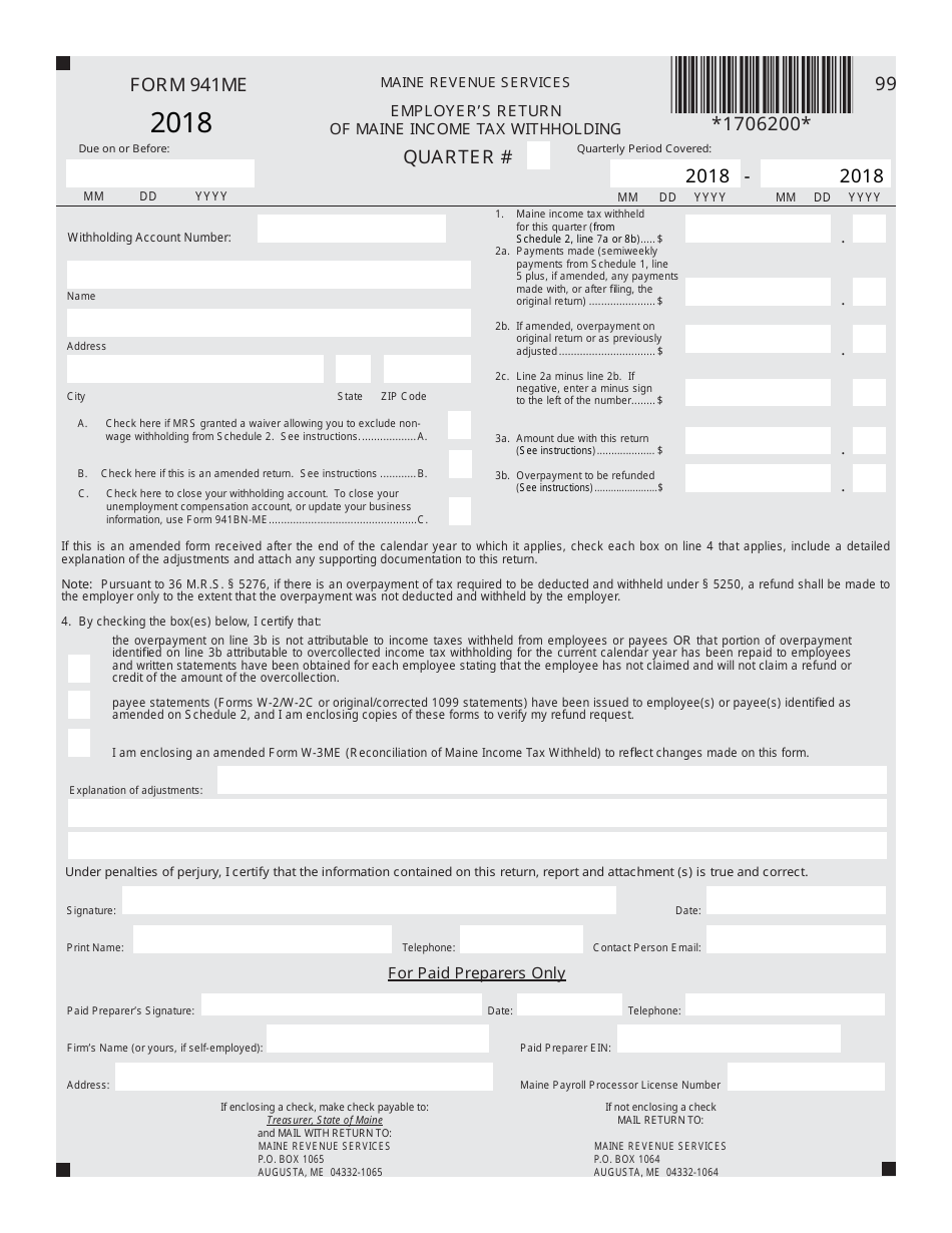 Form 941ME Employers Return of Maine Income Tax Withholding - Maine, Page 1