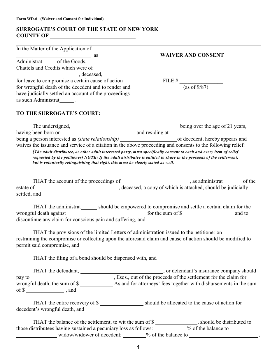 Form WD-6 Waiver and Consent for Individual - New York, Page 1