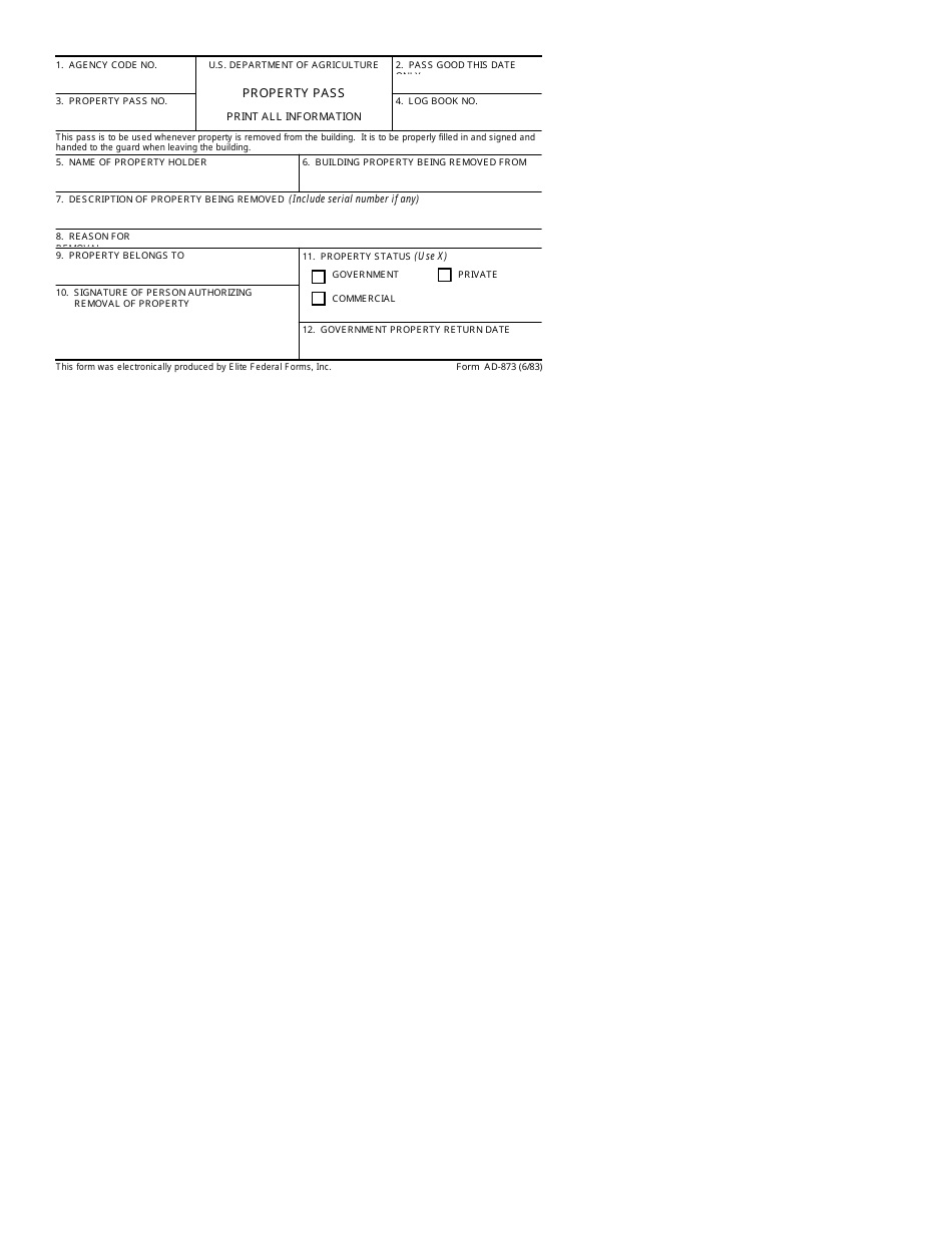 Form AD-873 Property Pass, Page 1