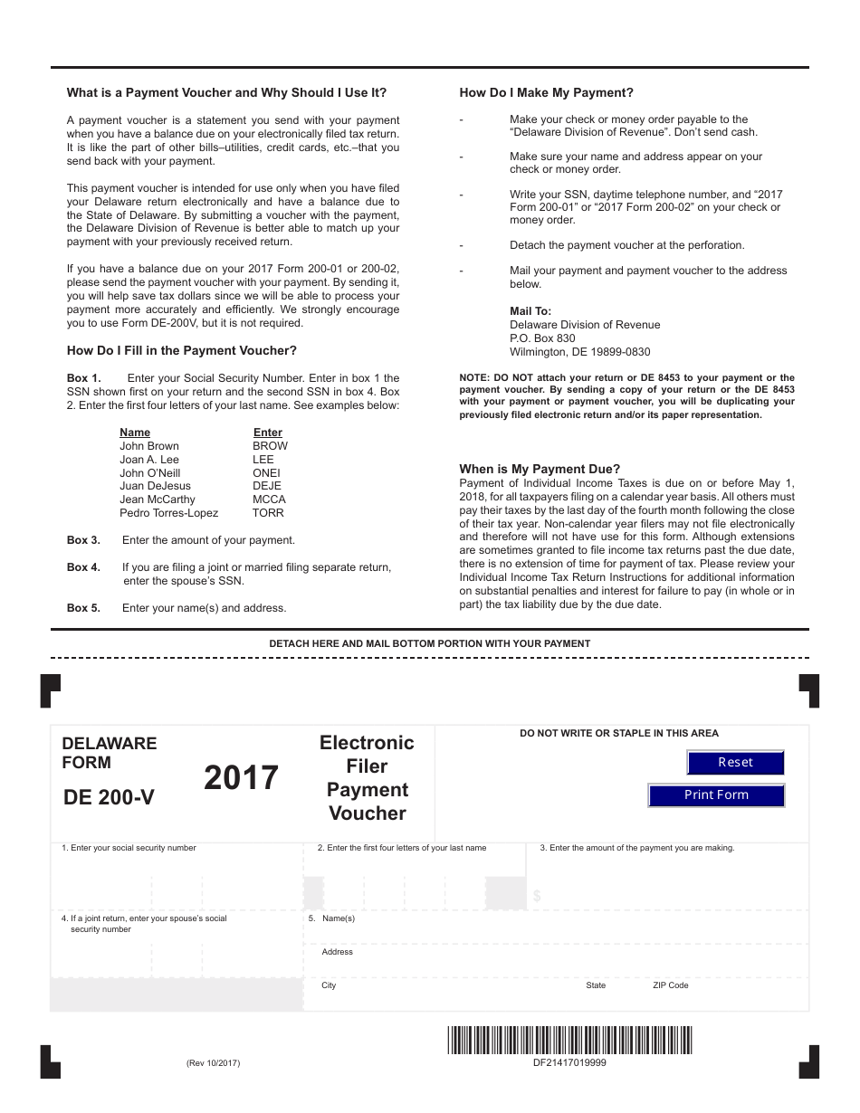 Form DE200-V Electronic Filer Payment Voucher - Delaware, Page 1