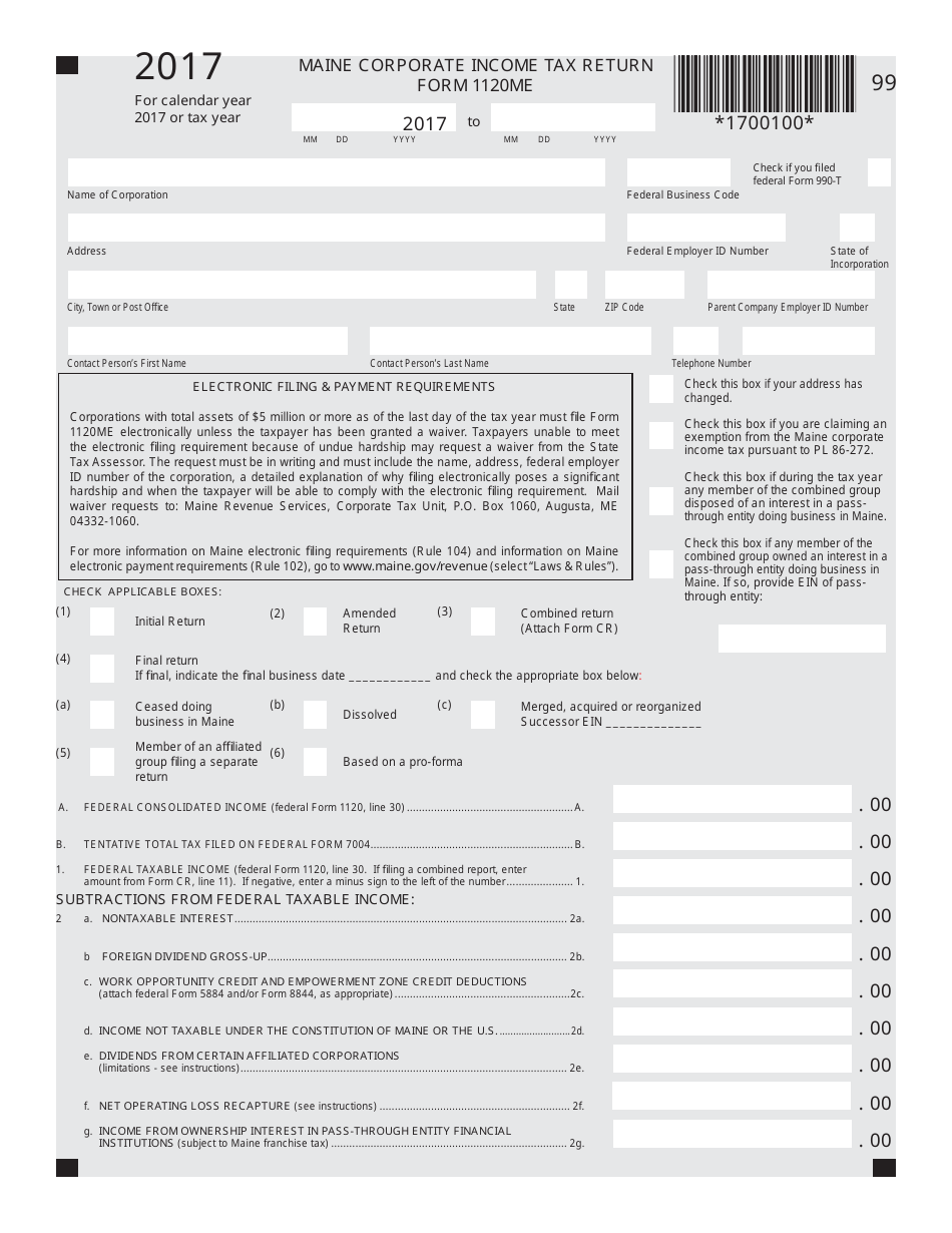 Form 1120ME Maine Corporate Income Tax Return - Maine, Page 1