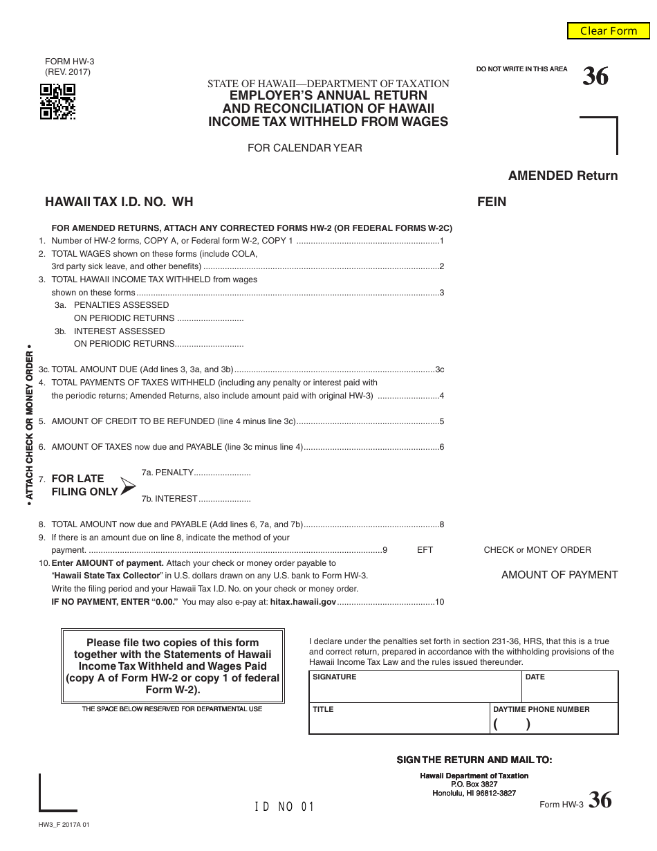 Form HW-3 Employers Annual Return and Reconciliation of Hawaii Income Tax Withheld From Wages - Hawaii, Page 1