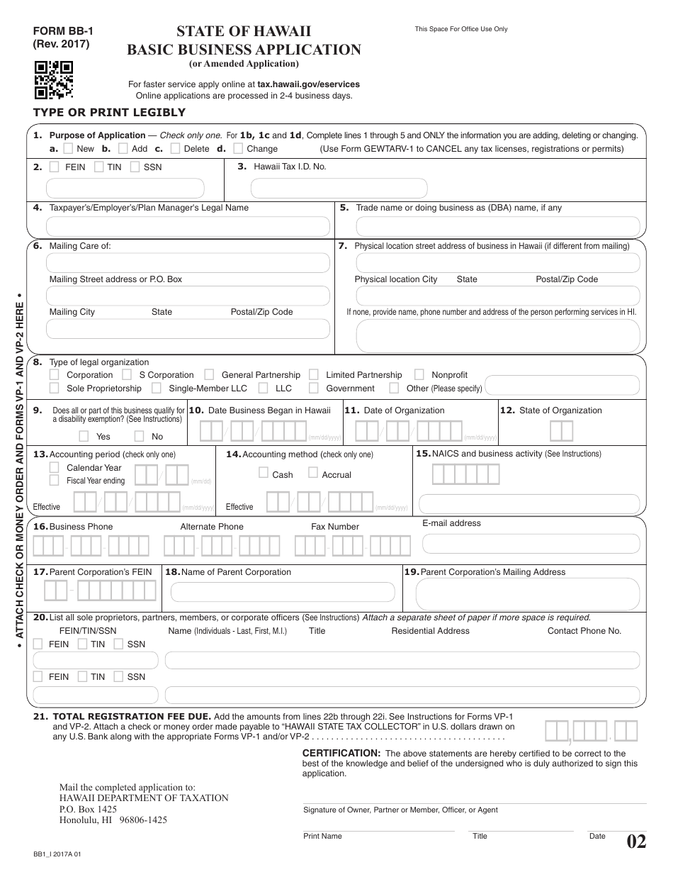 Form BB-1 Basic Business Application (Or Amended Application) - Hawaii, Page 1