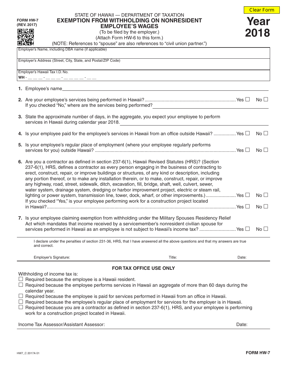 Form HW-7 Exemption From Withholding on Nonresident Employees Wages - Hawaii, Page 1