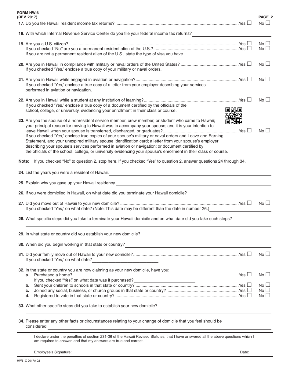 Form HW-6 Employees Statement to Employer Concerning Nonresidence in the State of Hawaii - Hawaii, Page 2
