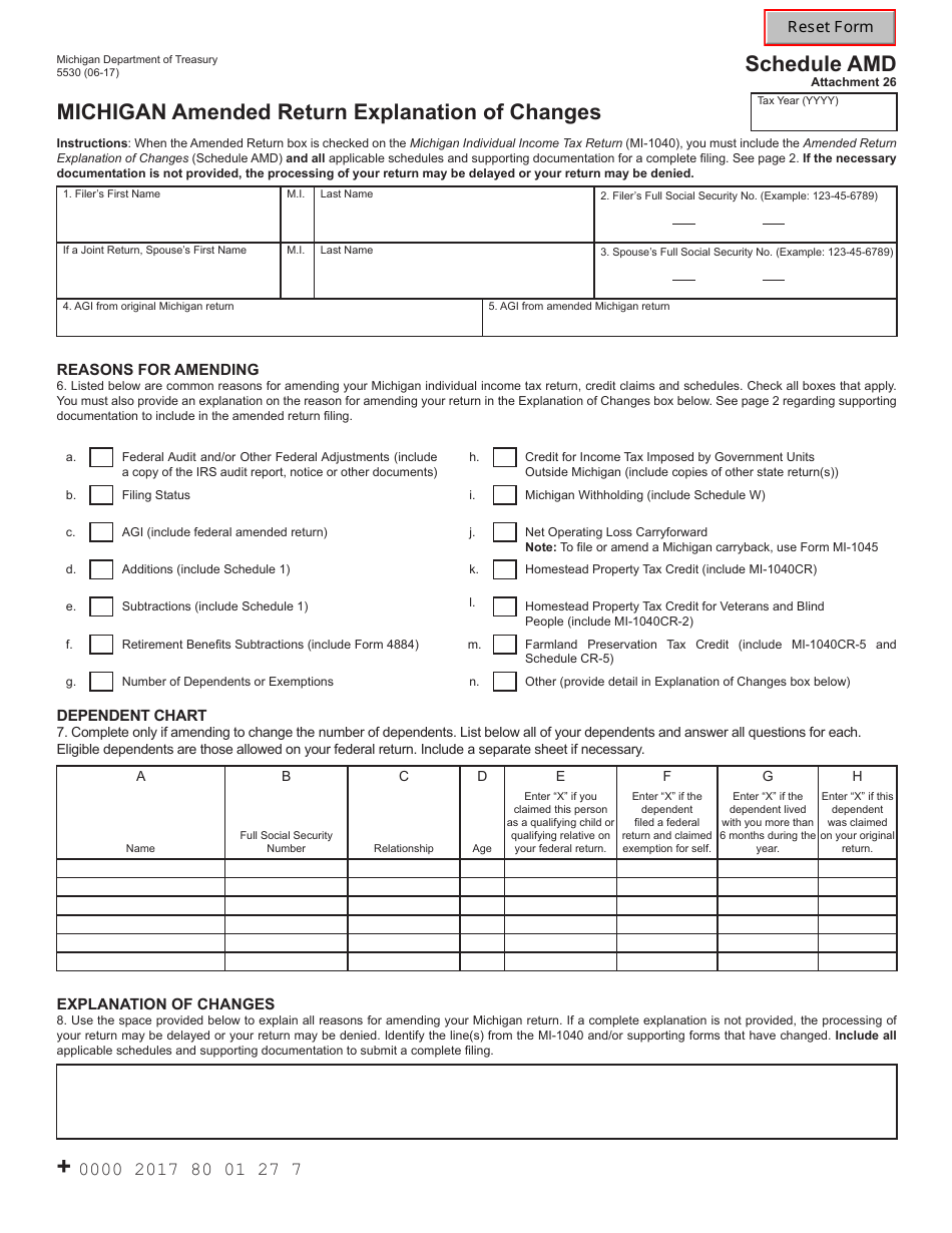 Form 5530 Schedule AMD, 26 Michigan Amended Return Explanation of Changes - Michigan, Page 1