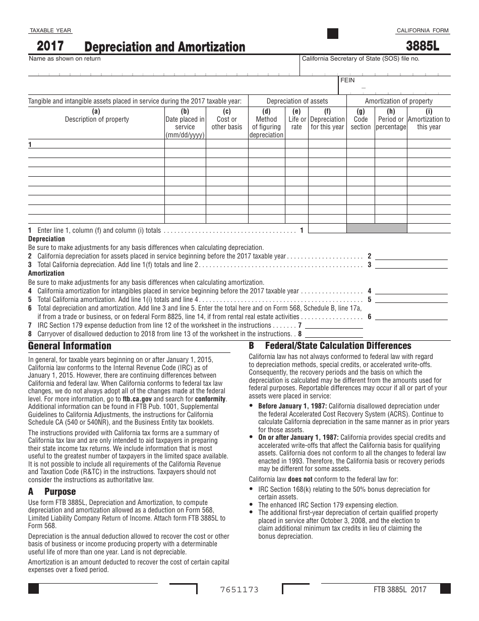 Form FTB3885L Depreciation and Amortization - California, Page 1