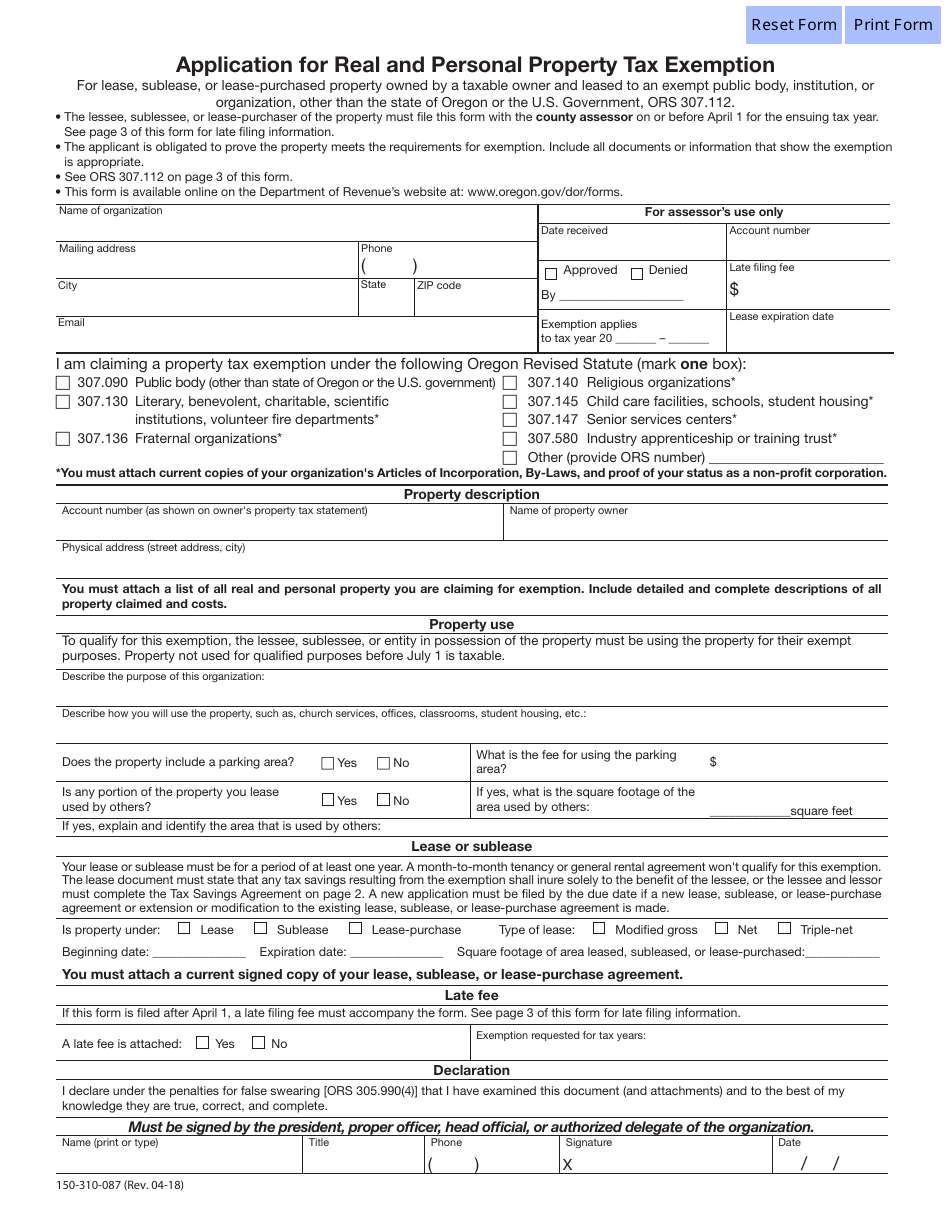 Form 150-310-087 Application for Real and Personal Property Tax Exemption - Oregon, Page 1