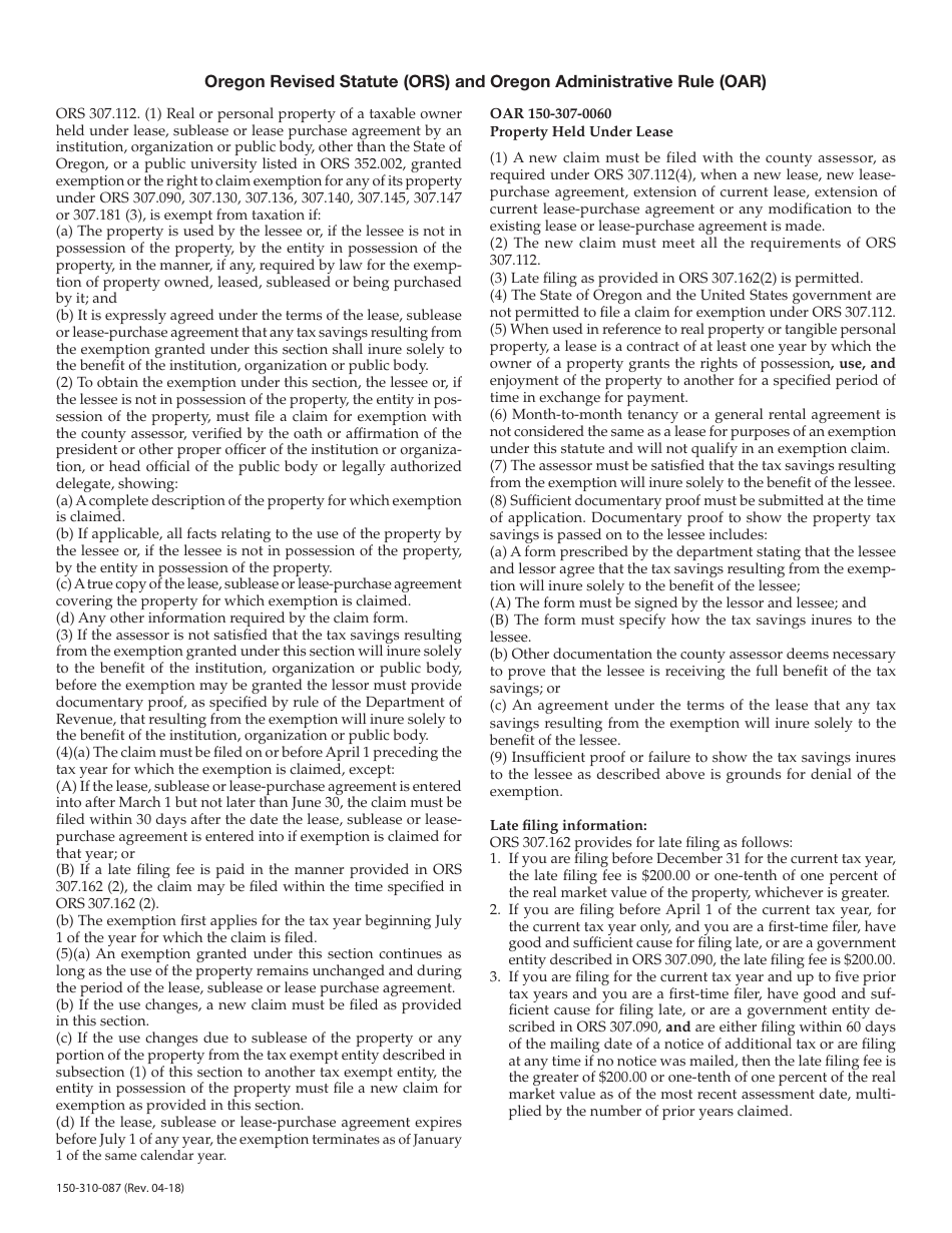 Form 150-310-087 Application for Real and Personal Property Tax Exemption - Oregon, Page 3