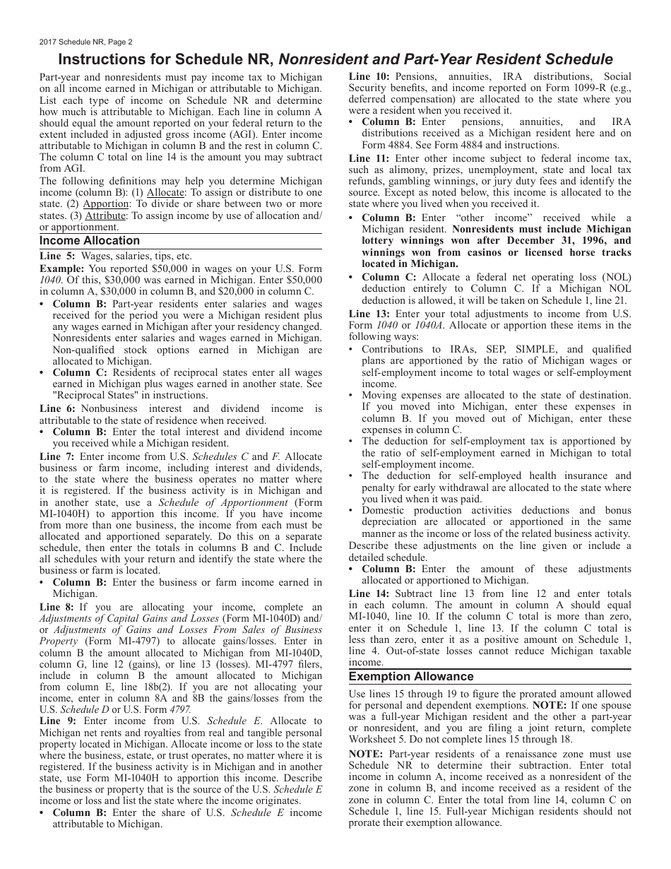 Schedule NR Michigan Nonresident and Part-Year Resident Schedule - Michigan, Page 2