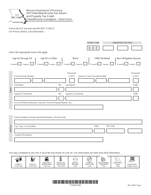 Form MO-1040P 2017 Printable Pdf