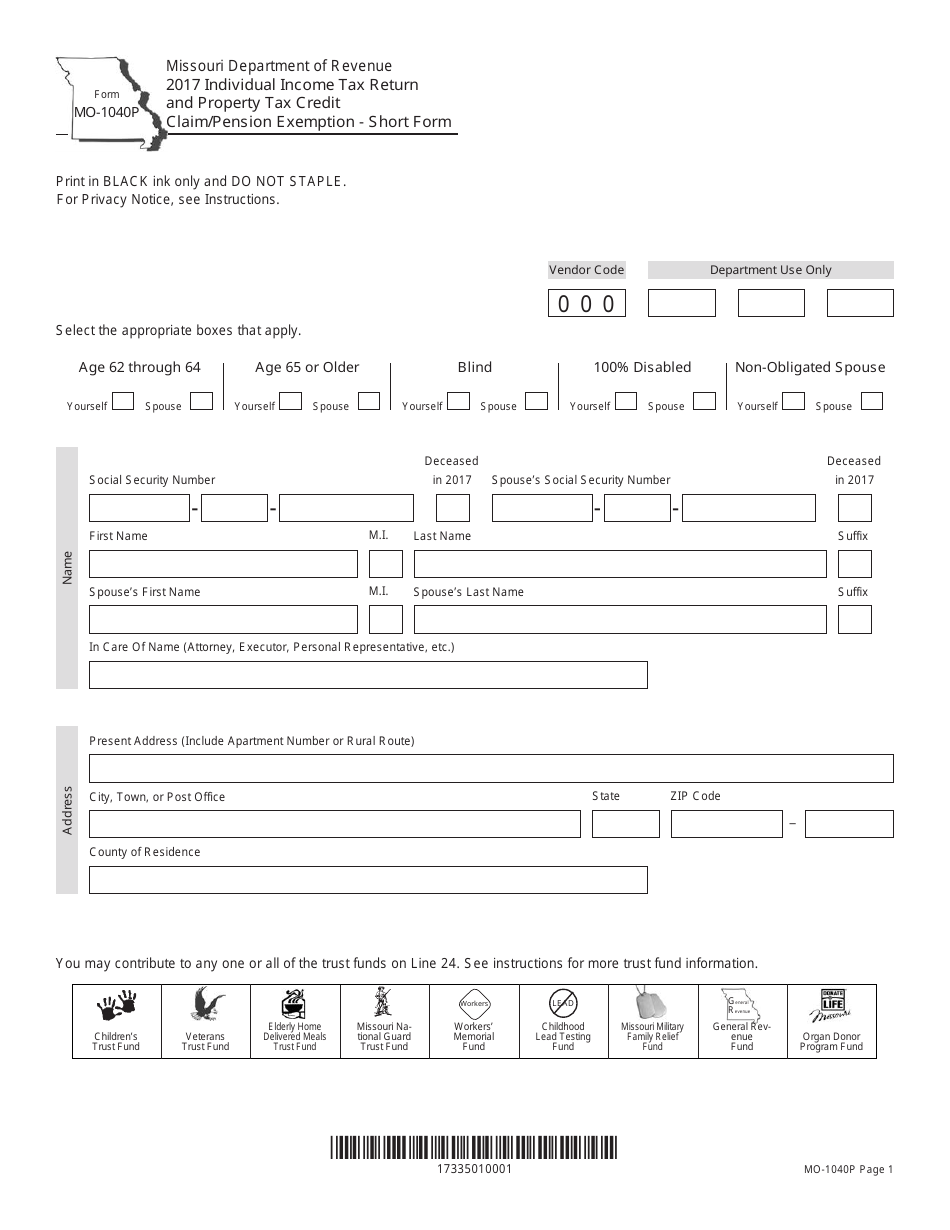 Form MO-1040P Individual Income Tax Return and Property Tax Credit Claim / Pension Exemption - Short Form - Missouri, Page 1