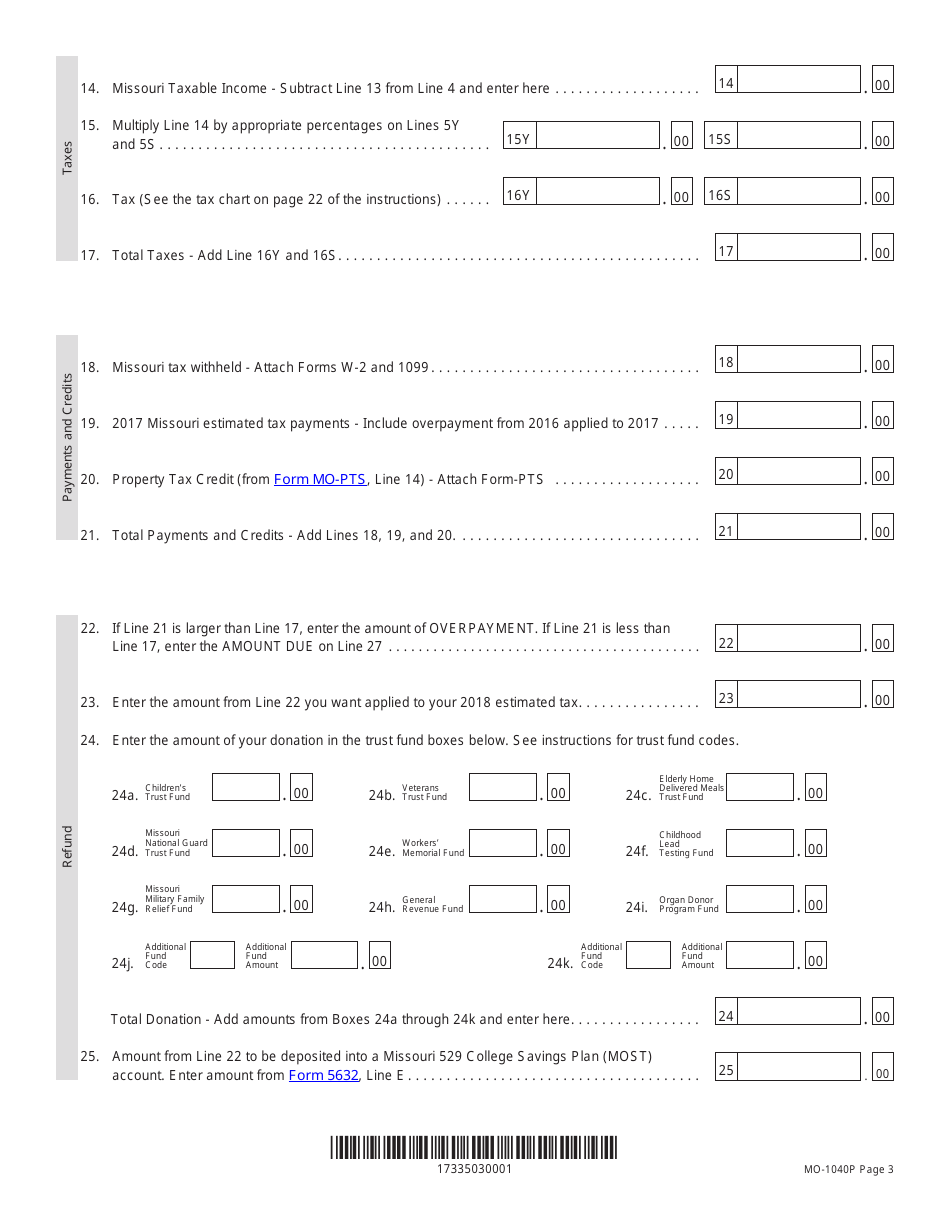 Form MO-1040P Individual Income Tax Return and Property Tax Credit Claim / Pension Exemption - Short Form - Missouri, Page 3