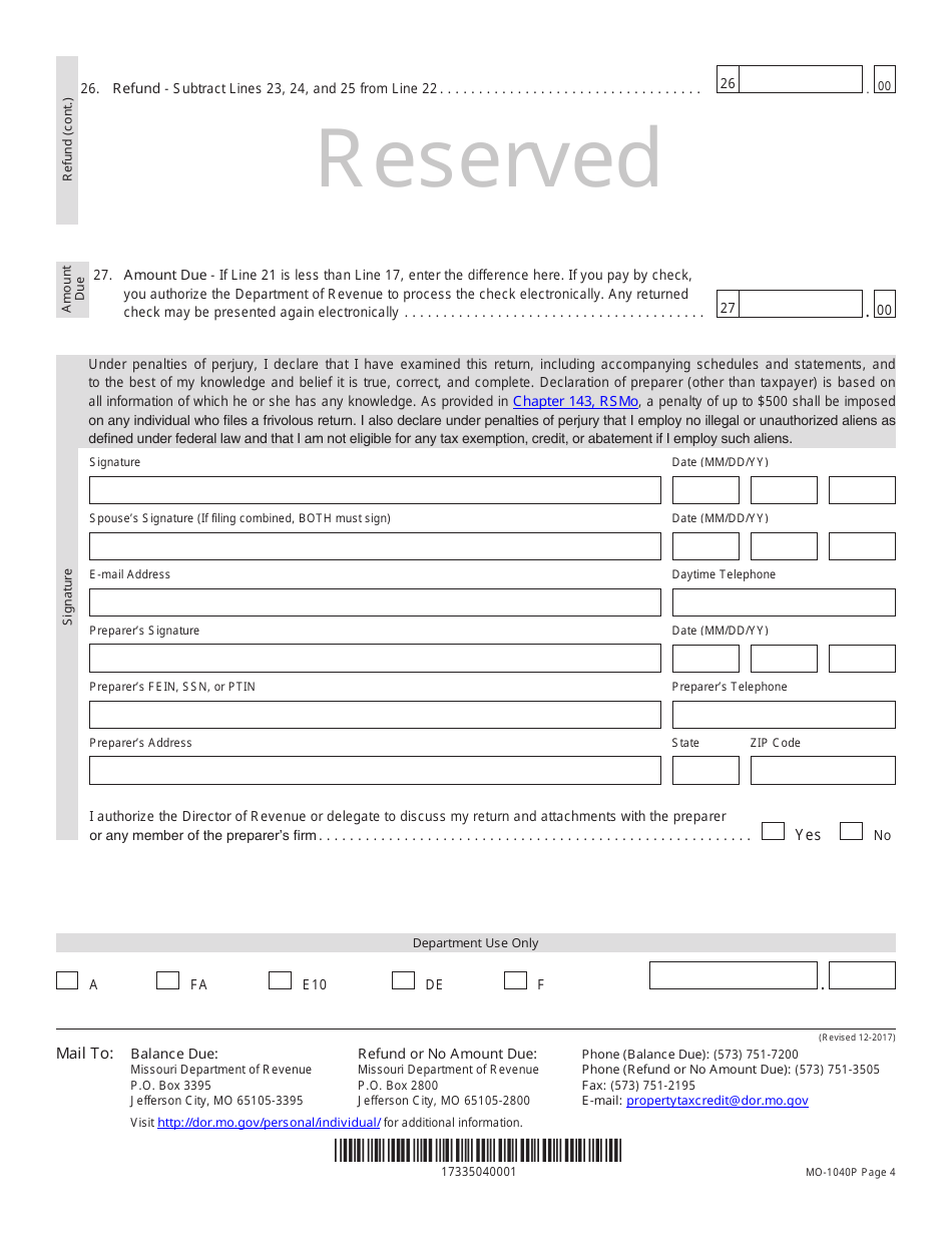 Form MO-1040P Individual Income Tax Return and Property Tax Credit Claim / Pension Exemption - Short Form - Missouri, Page 4