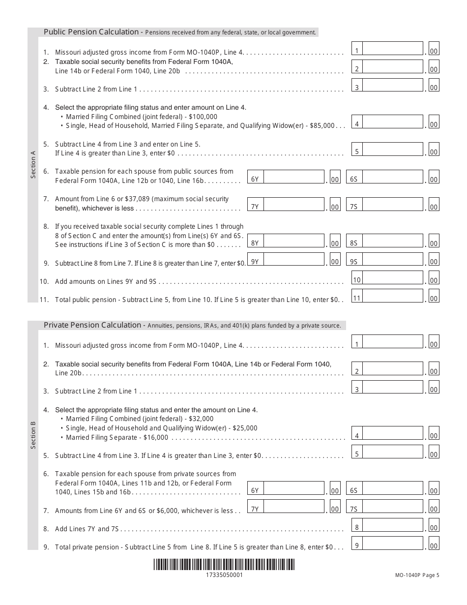 Form MO-1040P Individual Income Tax Return and Property Tax Credit Claim / Pension Exemption - Short Form - Missouri, Page 5