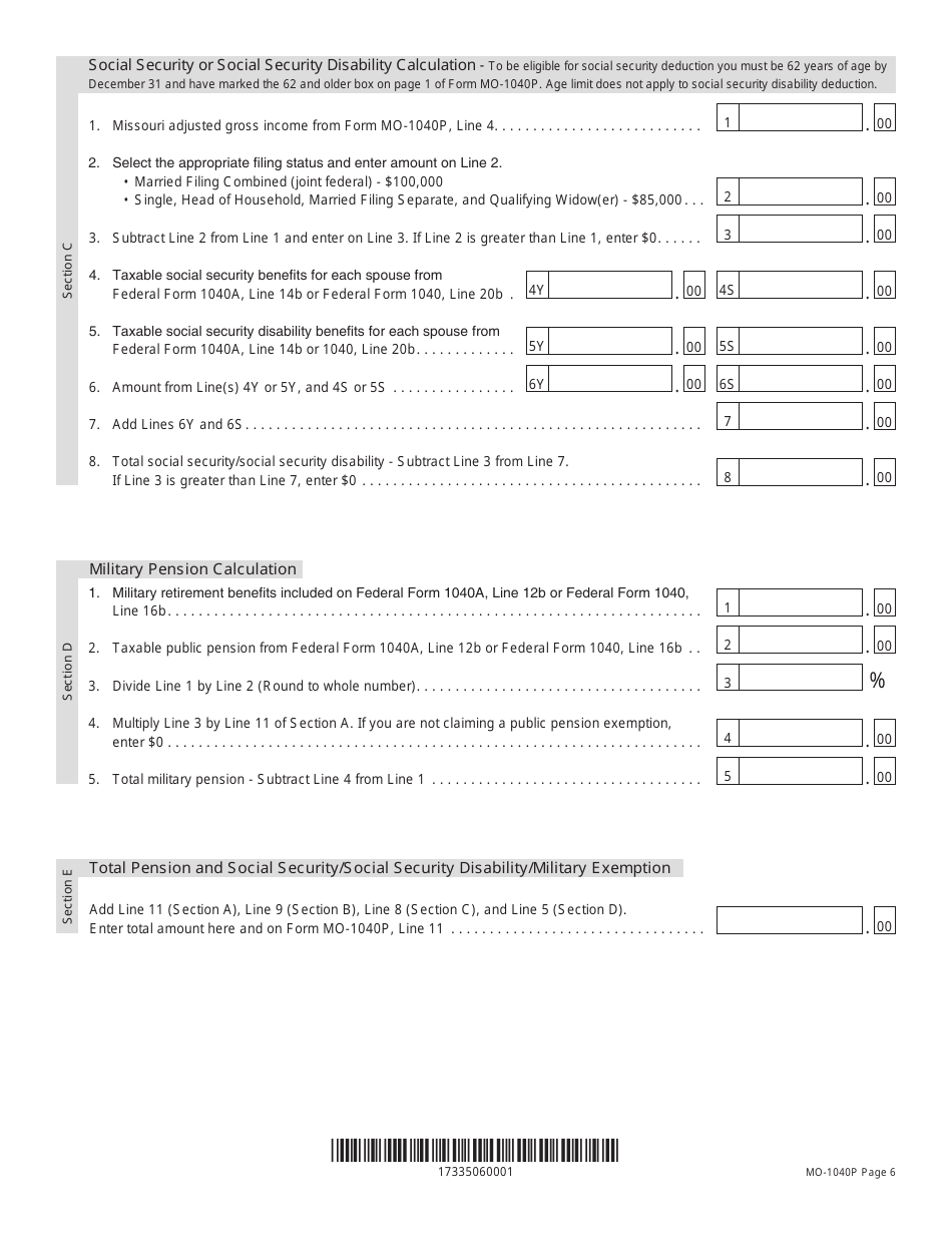 Form MO-1040P Individual Income Tax Return and Property Tax Credit Claim / Pension Exemption - Short Form - Missouri, Page 6