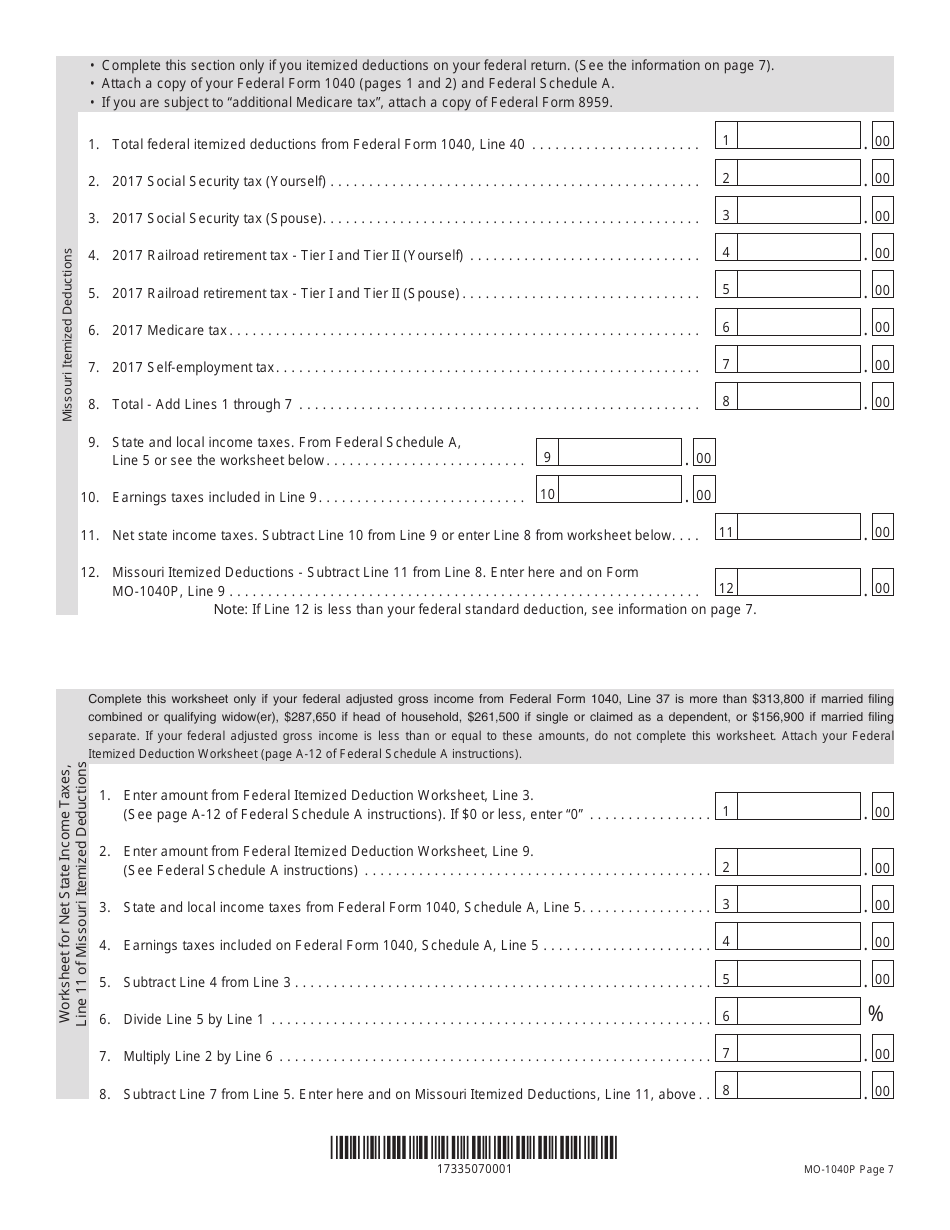 Form MO-1040P Individual Income Tax Return and Property Tax Credit Claim / Pension Exemption - Short Form - Missouri, Page 7