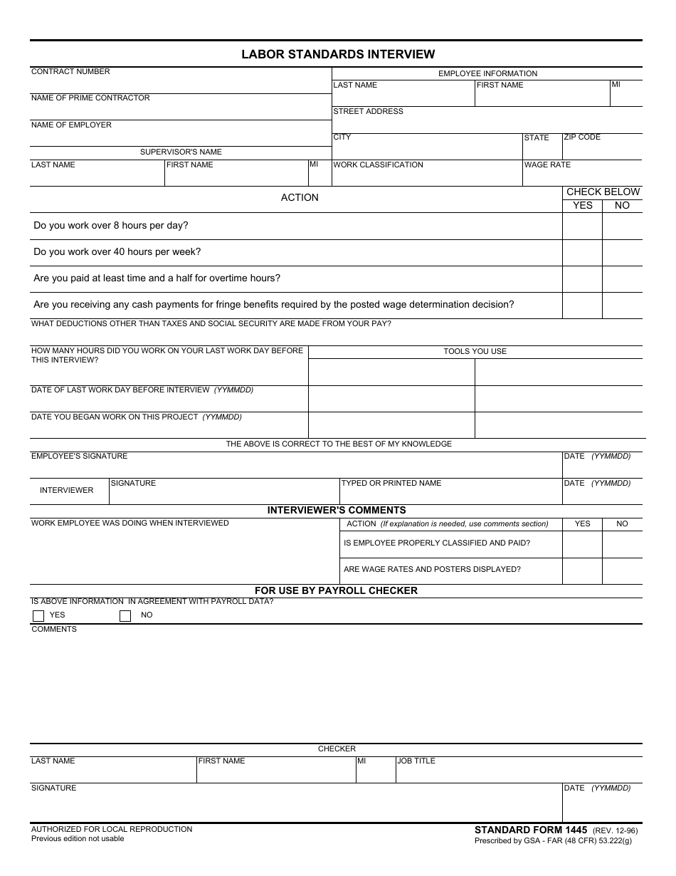 Form SF-1445 Labor Standards Interview, Page 1