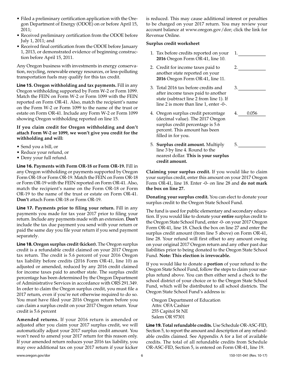 Form OR-41 Oregon Fiduciary Income Tax Return - Oregon, Page 10