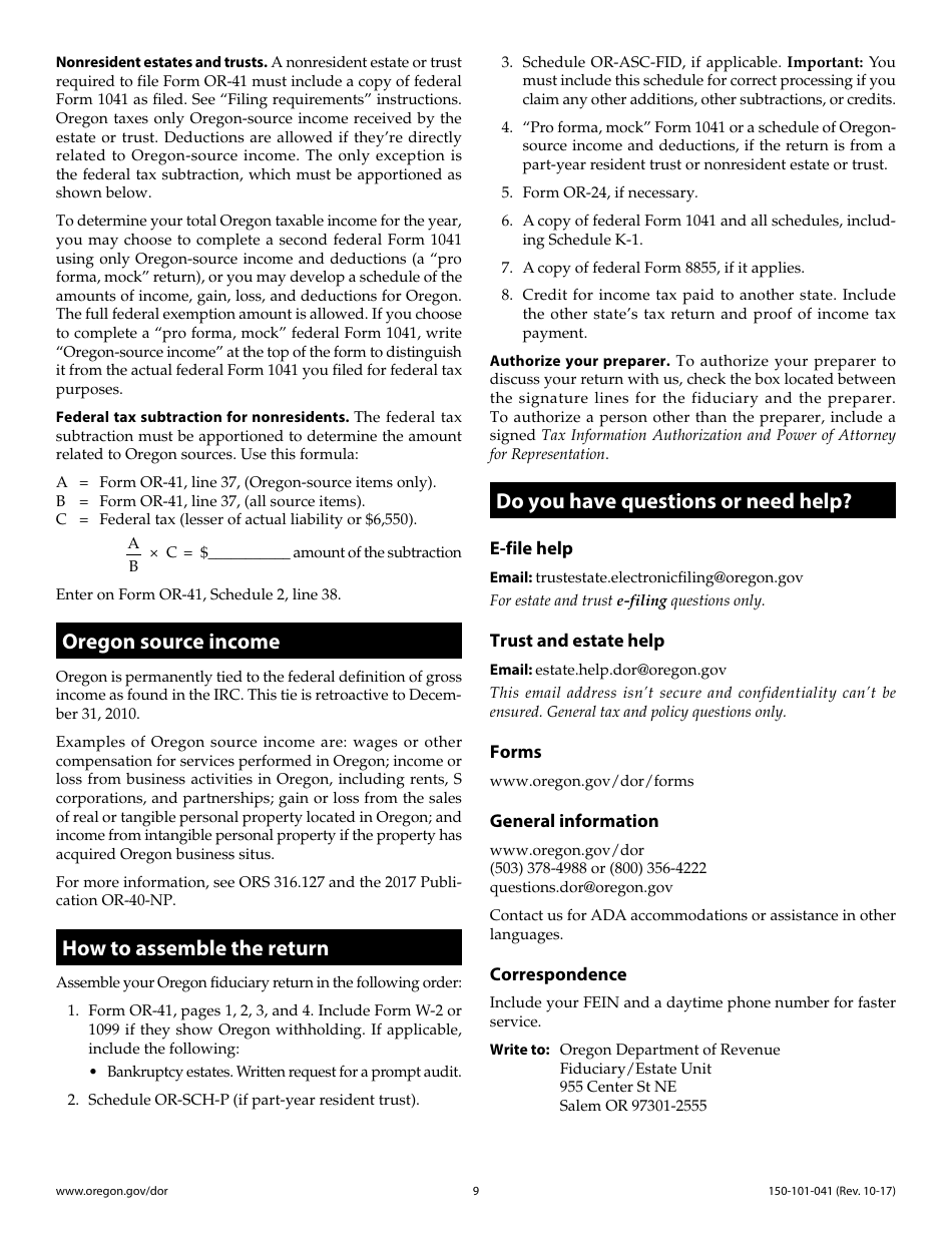 Form OR-41 Oregon Fiduciary Income Tax Return - Oregon, Page 13
